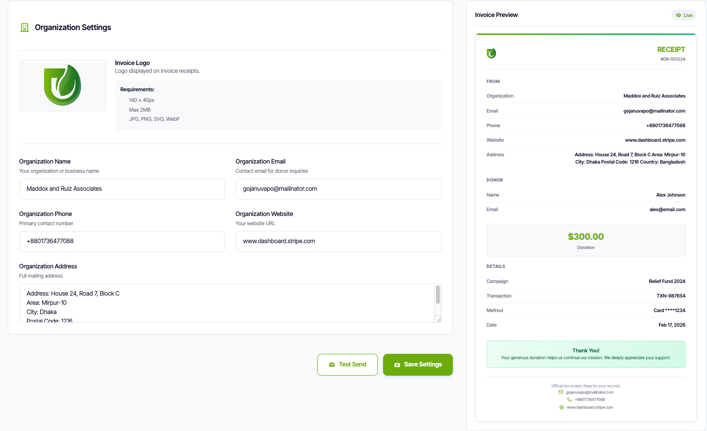 Invoice Settings Configuration