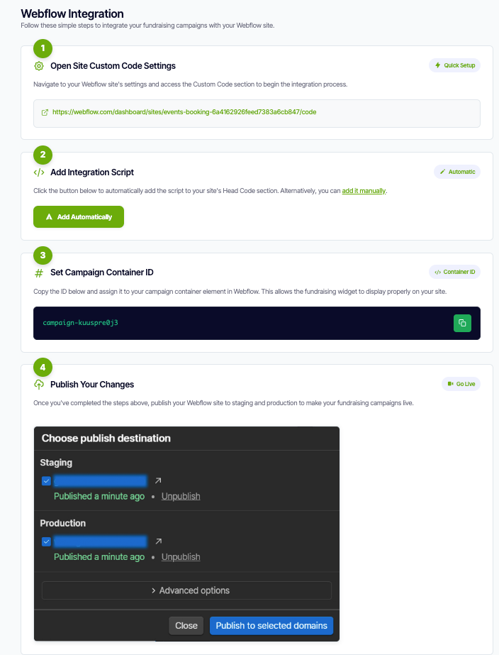 Webflow Integration Settings